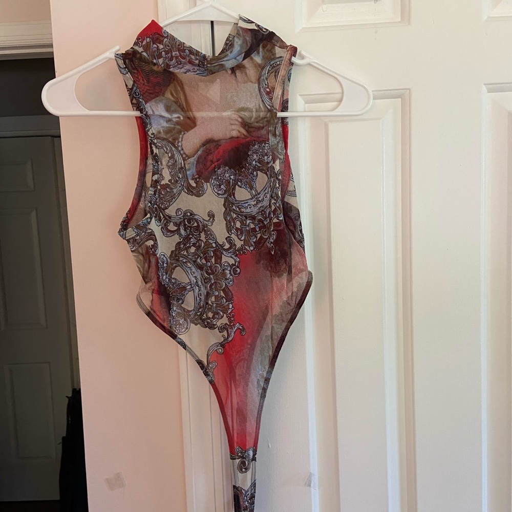 Printed Mesh High-Cut Mock-neck Tank Bodysuit